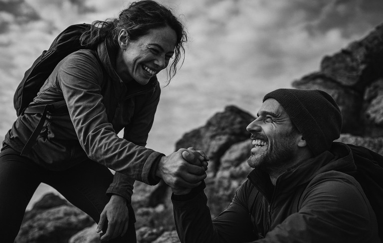 Conviction aventure humaine Trois personnes aidant une autre à grimper sur une montagne, silhouettes contre le ciel.