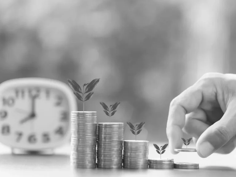 Croissance rentable durable responsable Monnaie empilée avec des ailes de papillon, symbolisant la croissance et le temps.